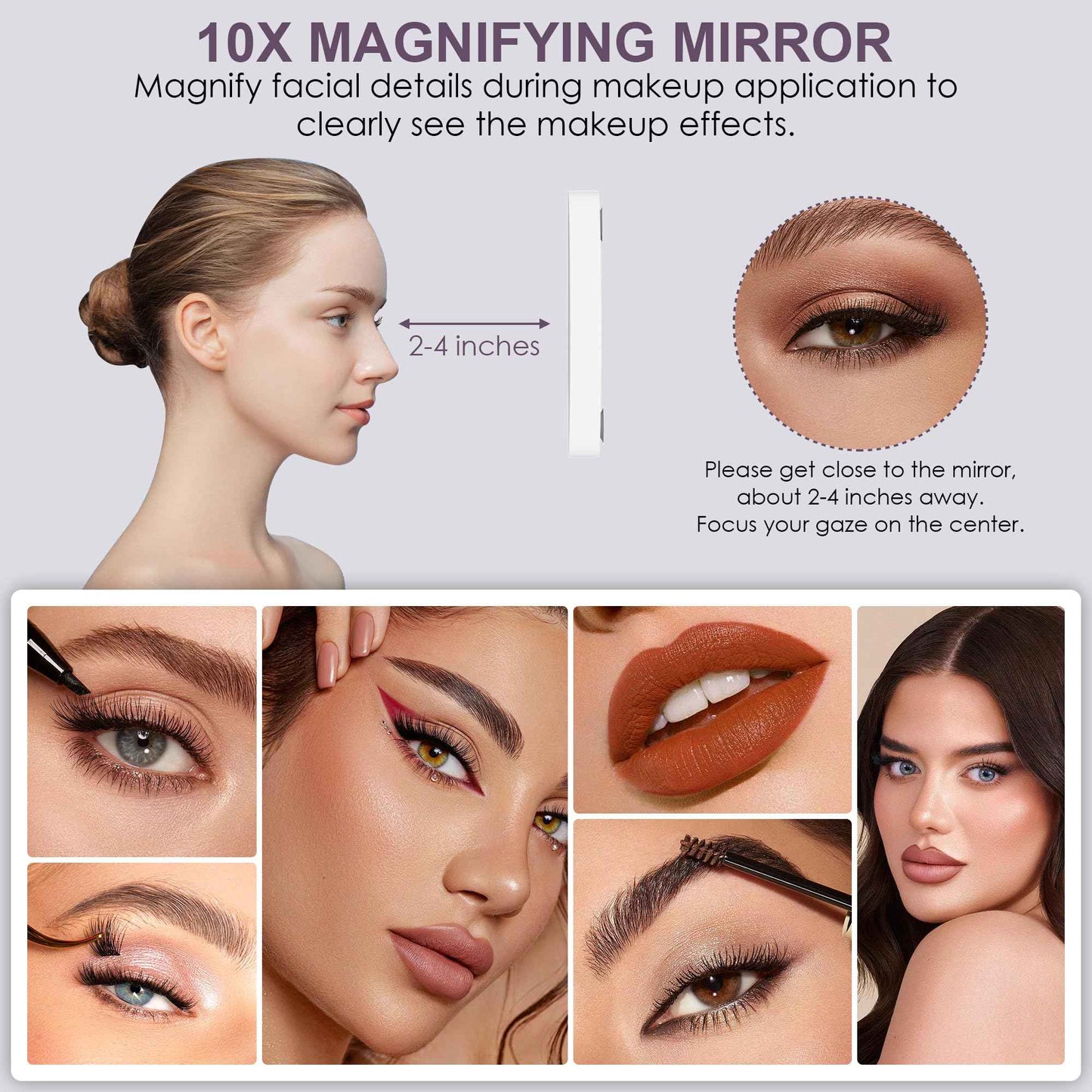 Sucedey Vanity Mirror with Lights, Makeup Mirror with Lights, 3 Color Lighting Modes Detachable 10X Magnification Mirror Touch Control, 360°Rotation, White