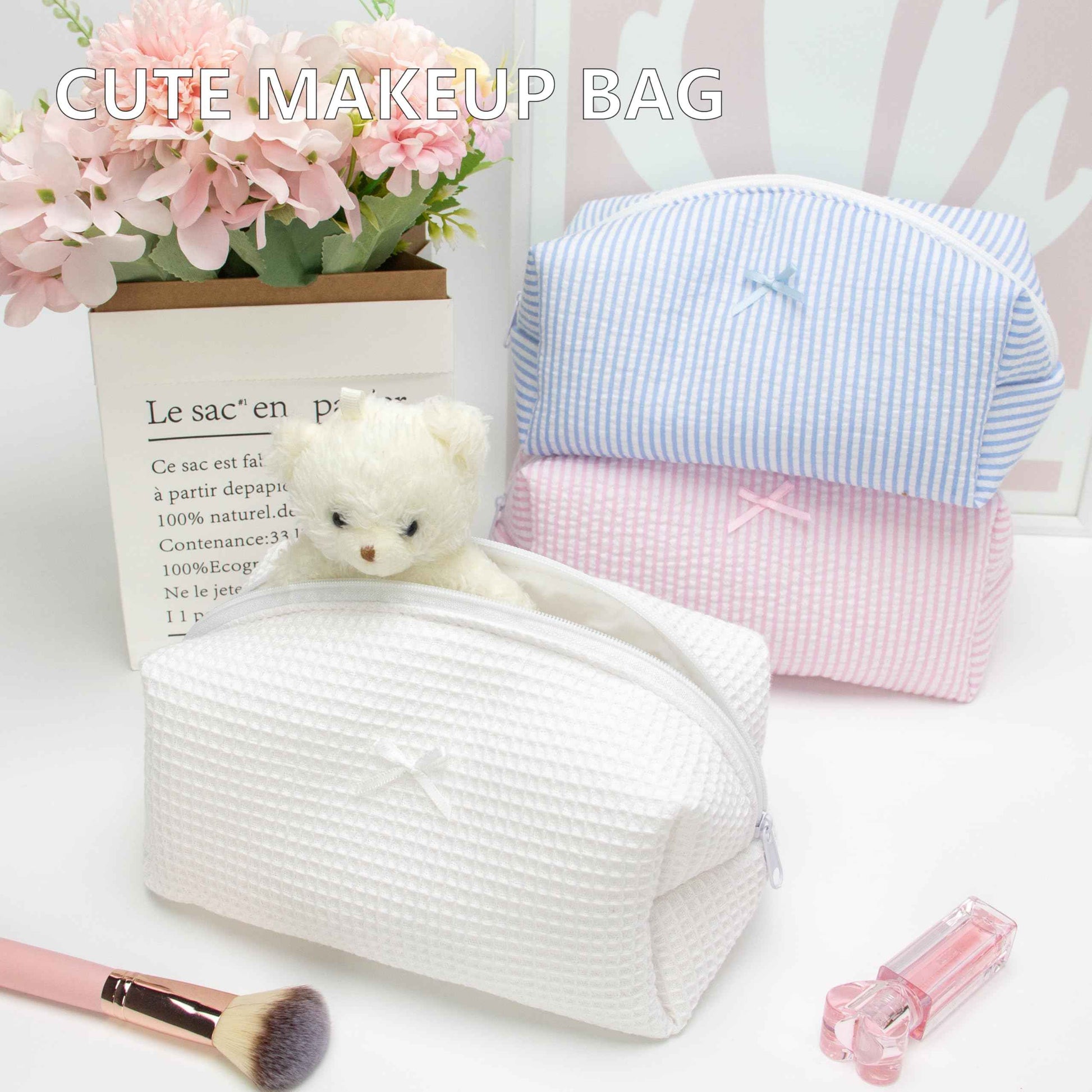 PAZIMIIK 6PCS Cozy Makeup Bag SET Travel Cosmetic Bag for Women Soft Toiletry Bag Aesthetic Makeup Organizer Portable Large Zipper Pouch for Skincare Beauty Accessories Brushes Waffle Check White