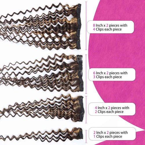 Curly Clip in Hair Extensions Real Human Hair 14inch 100g Invisible & Seamless 100% Brazilian Remy Human Extension Deep Wave Clip ins Extensions Double Weft 8 PCS with 20 Clips Highlight P427