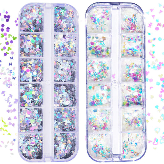 24 Boxes Holographic Nail Sequins, Iridescent Mermaid Flakes Butterfly Heart Ultra-thin Colorful Glitter Sticker for Nail Art Decoration, Paillette Cosmetic Festival Glitter Craft Face Hair Decor (13)