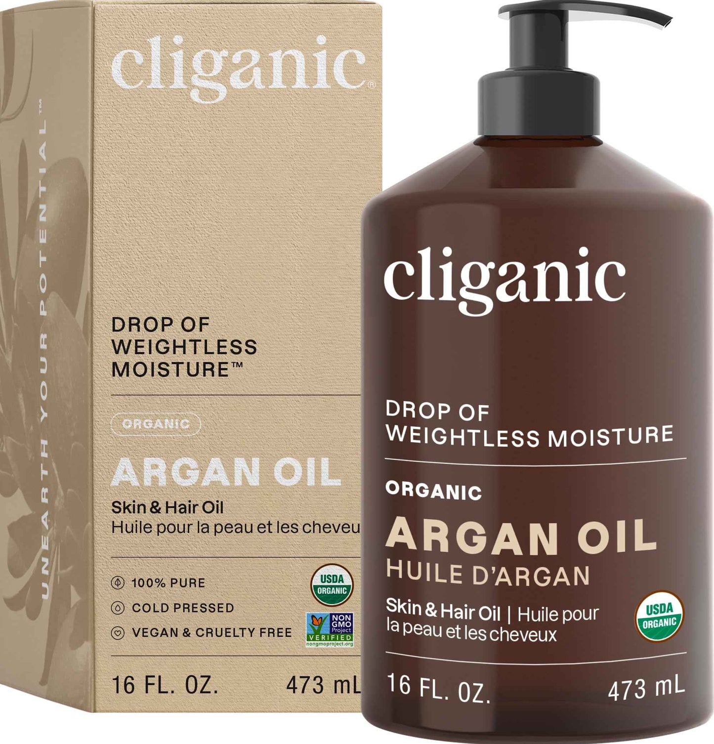 Cliganic Organic Argan Oil 16oz with Pump, 100% Pure | Bulk for Hair, Face & Skin (Packaging May Vary)