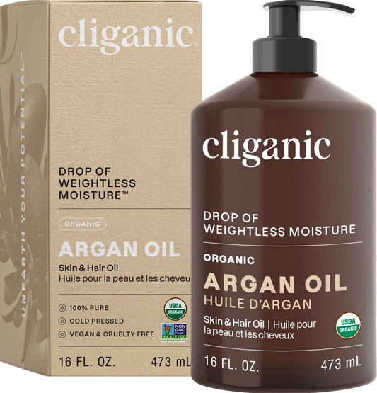 Cliganic Organic Argan Oil 16oz with Pump, 100% Pure | Bulk for Hair, Face & Skin (Packaging May Vary)