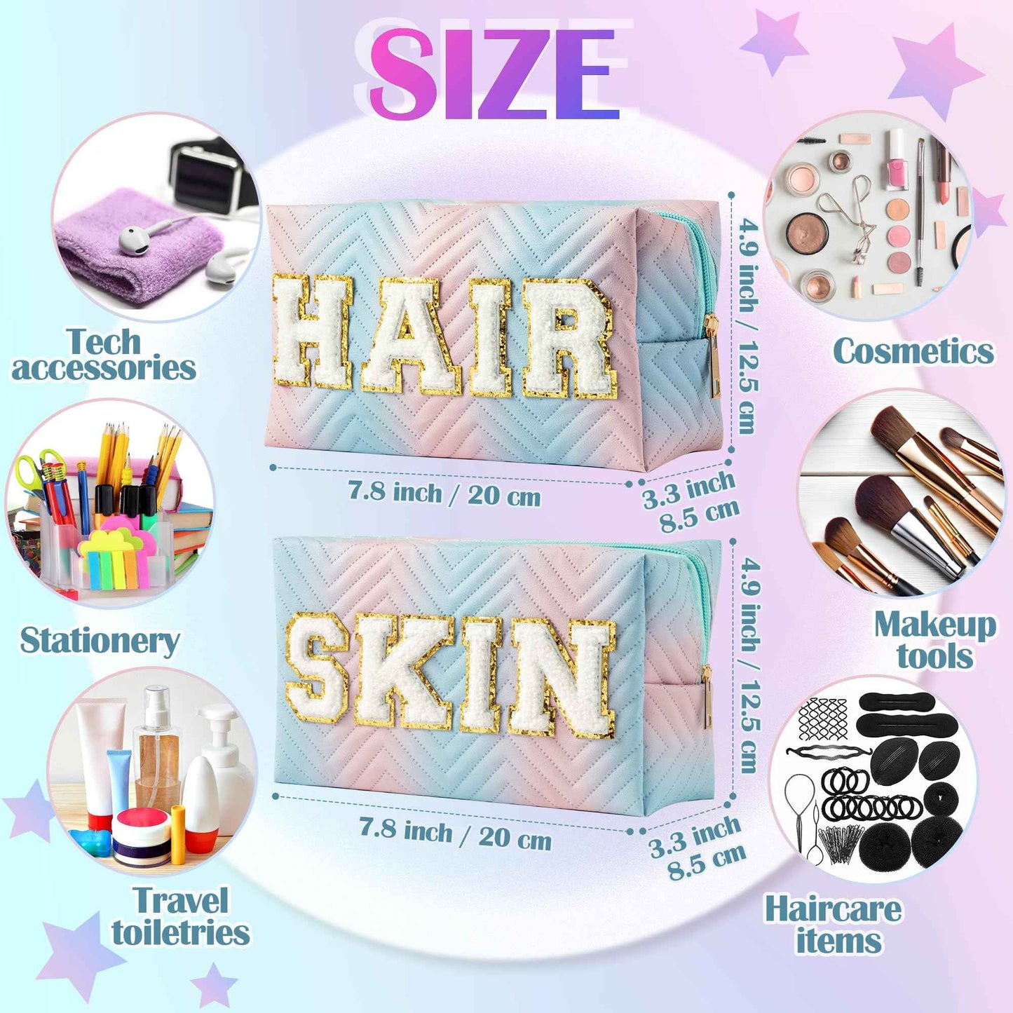 Y1tvei Preppy Patch SKIN HAIR Chenille Letter Blue Pink Gradient Makeup Bag Colorful Leather Waterproof Portable Fantasy Cosmetic Pouch Travel Toiletry Bag Carry On Zipper Organizer Gifts for Women