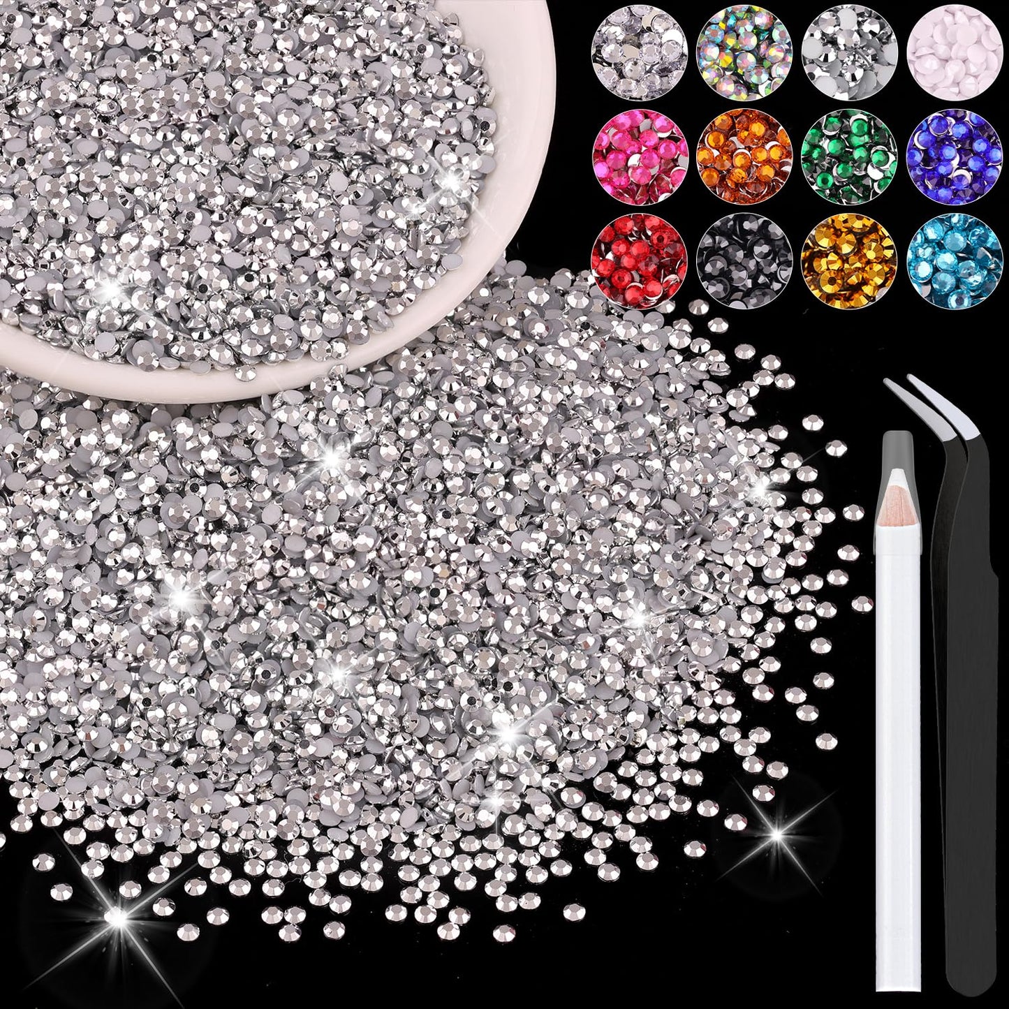 12000PCS 2mm Resin Rhinestones Bulk for Crafting (Silver), Flatback Bedazzling Crystals for Crafts DIY Nail Decoration, Gems Charms for Tumbler Shoes Clothing Fabric with Pickup Pen and Tweezers