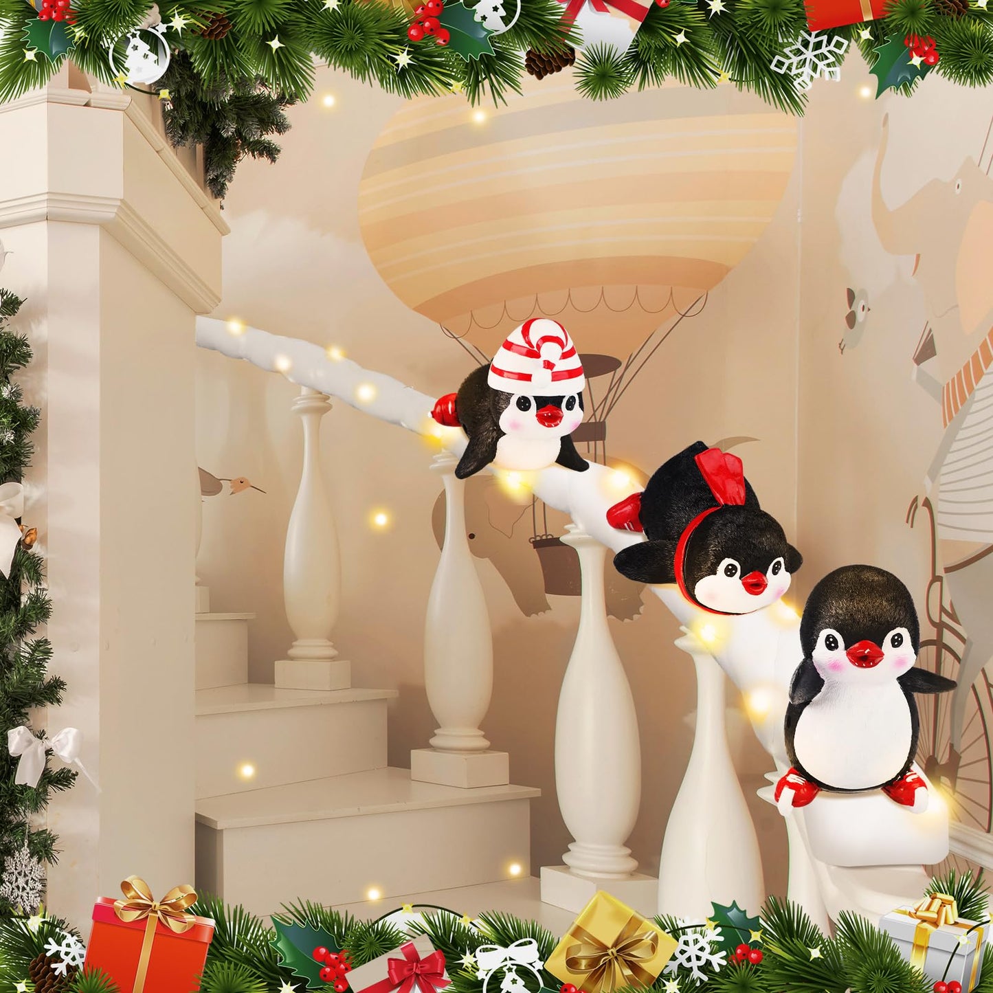 Liliful Set of 3 Penguin Stairway Holiday Decoration Resin Penguin Decor Sliding Winter Penguins in Snow Carpet with LED Lights and 20 Ribbons for Christmas Handrail Decoration Banister Stairway Gift