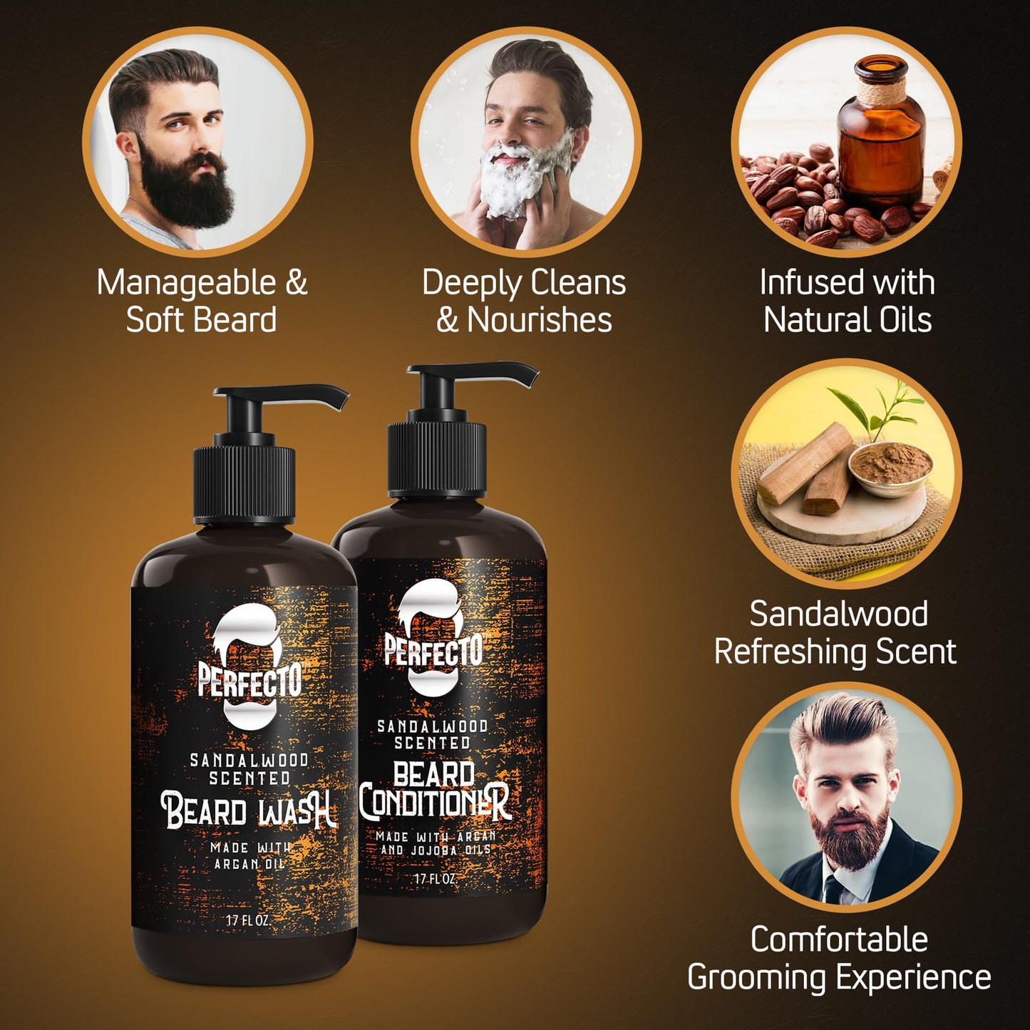 Perfecto Beard Wash & Beard Conditioner Set with Argan and Jojoba Oils - Strengthens and Softens - Natural Sandalwood Scent