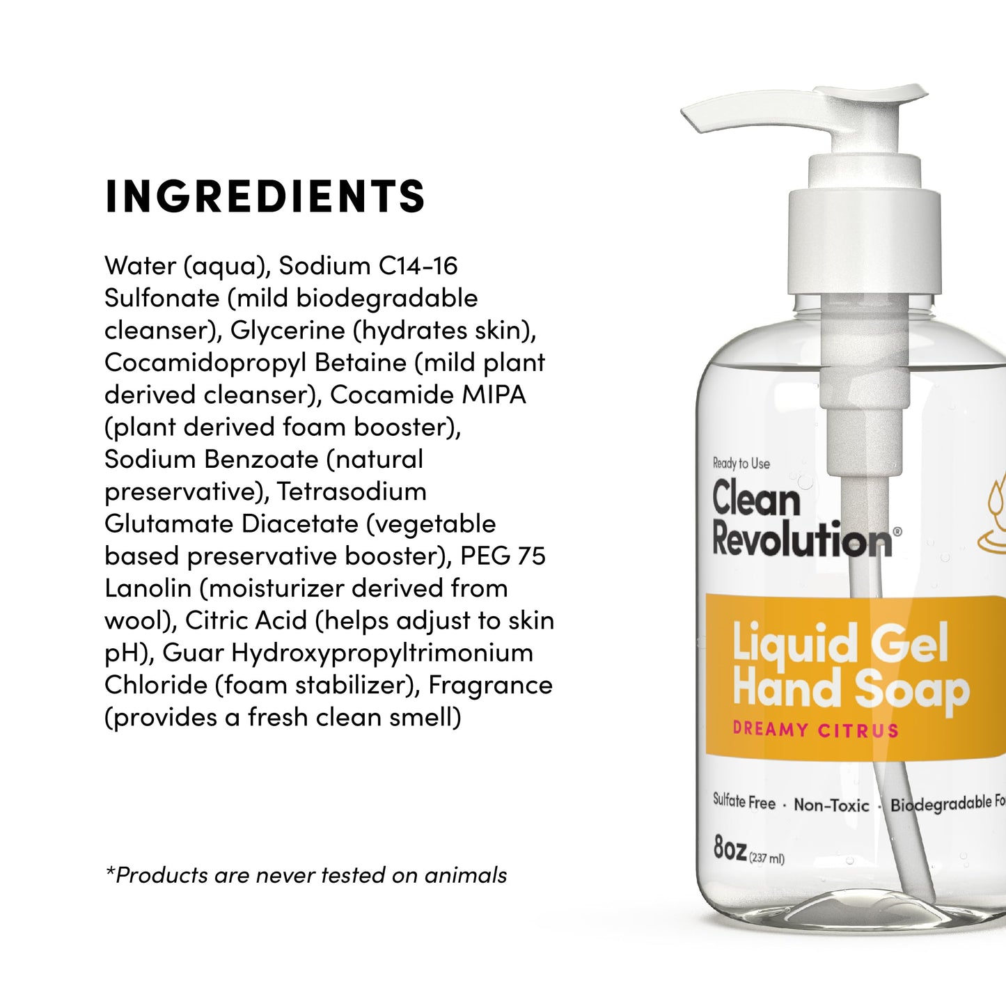 Clean Revolution Liquid Gel Hand Soap, Silky Rich Liquid, Quick Lather, Fast Rinsing, Contains Real Essential Oils (Dreamy Citrus) 8 Fl Oz