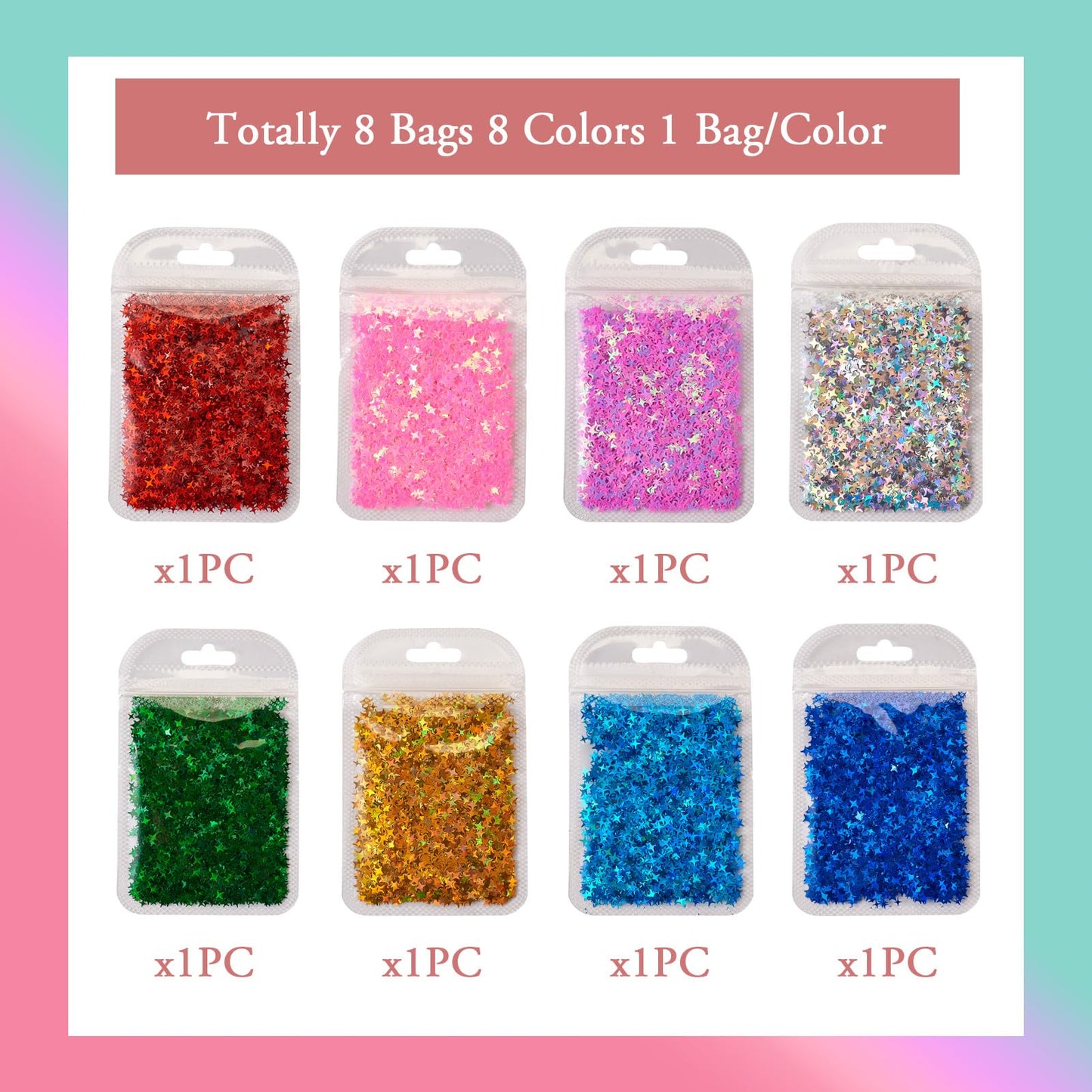 Cheriswelry 8 Bag Star Nail Art Glitter Sequins Nail Glitter Sequins Nail Flakes Designs Manicure Decorations Iridescent Glitter Flakes 2.5~4mm for Women Girls Nails Design