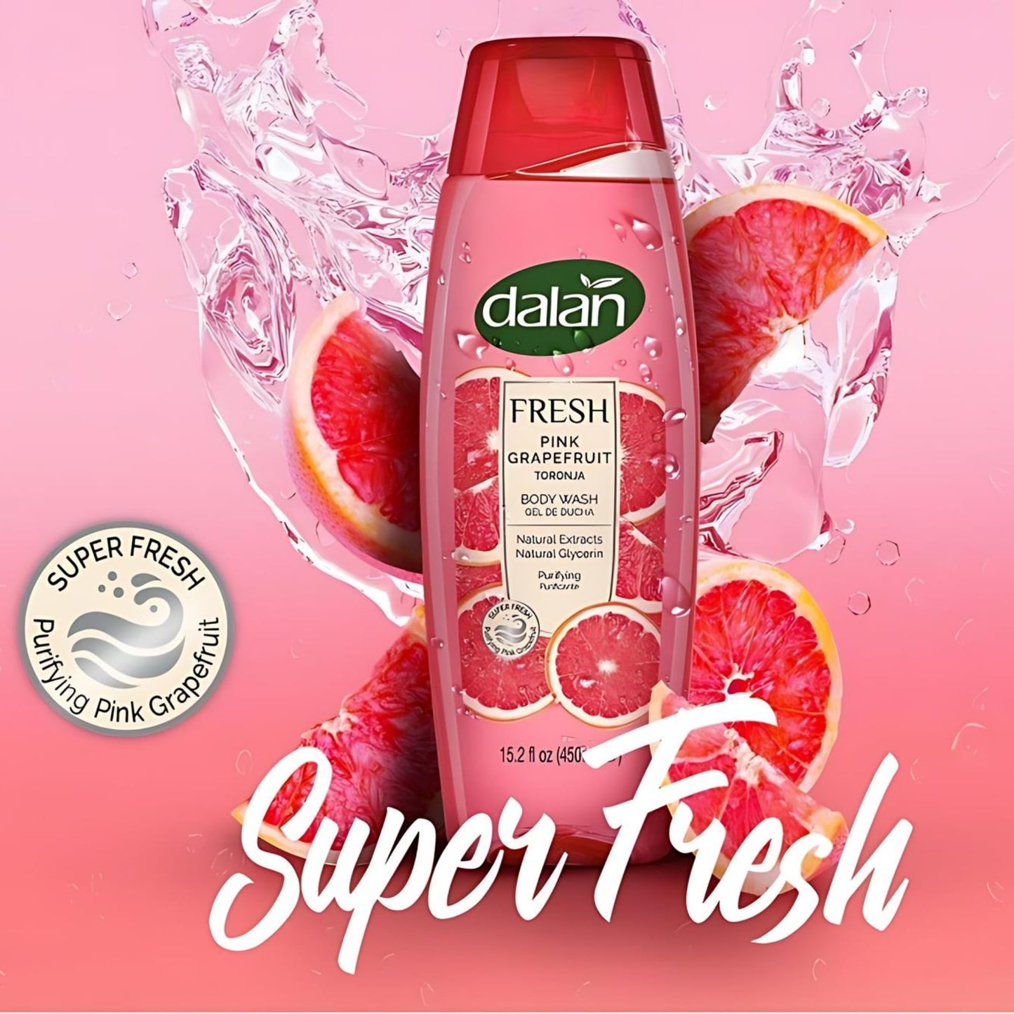 Dalan Natural Extracts Body Wash, with Fresh Pink Grapefruit & Aloe Vera & Sea Minerals, 15.2 fl oz (1 Pack, Grapefruit)