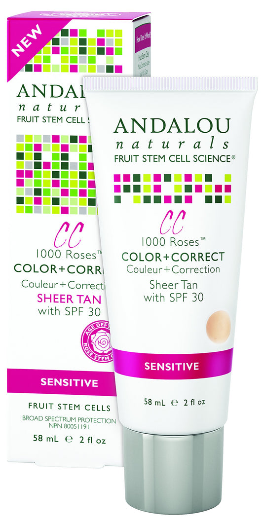 Andalou Naturals 1000 Roses CC Color + Correct with SPF 30, Sheer Tan, 2-in-1 Face Sunscreen + CC Cream for Sensitive Skin, Helps Correct Uneven Skin Tone, Reef Safe Sunscreen, 2 Fl Oz