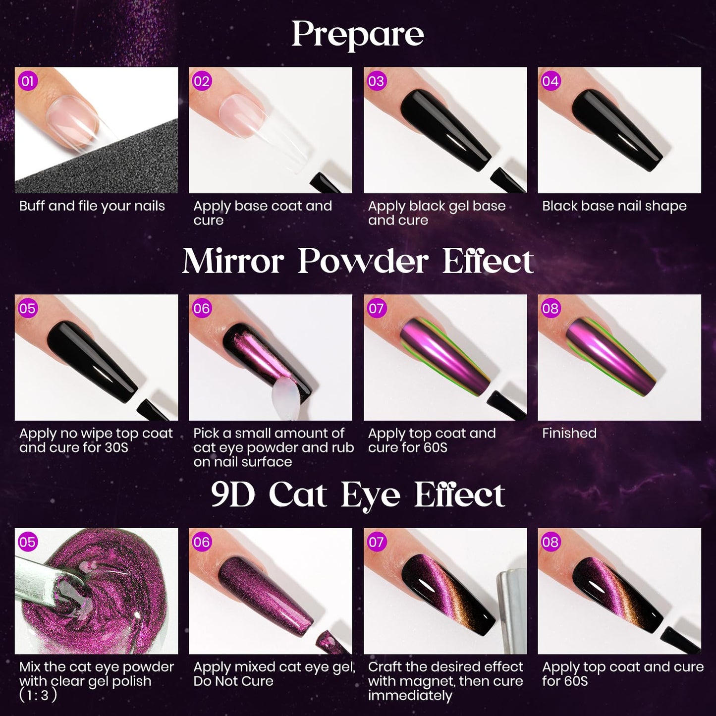 MIZHSE 9D Cat Eye Chrome Nail Powder Mirror Effect Purple Magnetic Glitter Pigment Powder for Gel Nails Chameleon Cateye Magic Galaxy Nail Art Powder with Magnet