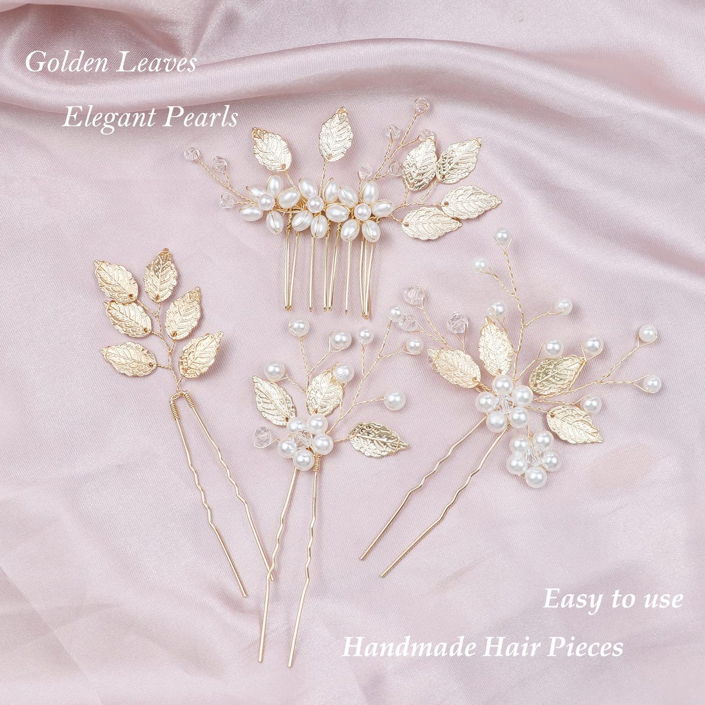 4 Pieces Bridal Wedding Hair Pins Gold Leaf Crystal Pearl Hair Pins Clips Flower Headpiece Vintage Wedding Hair Accessories for Brides Bridesmaids Women Girls