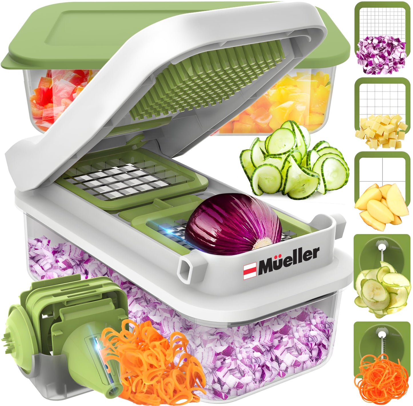 Mueller Pro-Series V Blade Veggie Chopper, Egg Slicer, Spiralizer, Dicer, Cutter, Food Chopper, Gifts for Mom, Kitchen Accessories & Kitchen Essentials with Food Container and Lid White Sand/Green