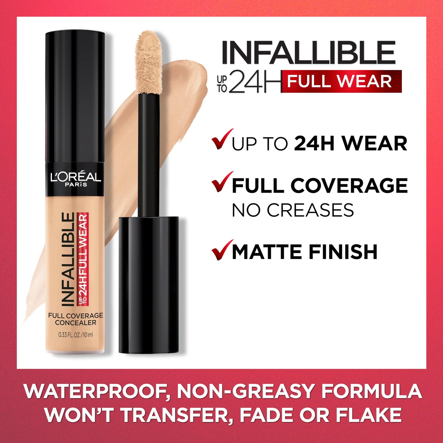 L'Oreal Paris Makeup Infallible Full Wear Waterproof Matte Concealer, Full Coverage, Amber, 0.33 fl. oz.