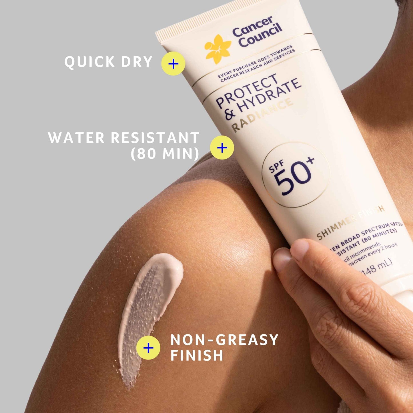 Cancer Council Protect & Hydrate Radiance Body Sunscreen SPF50+, Shimmer Finish Sun Care, Broad Spectrum UVA/UVB Sun Protection, Water Resistant, Paraben & Fragrance Free, Water Resistant, 5fl. oz.