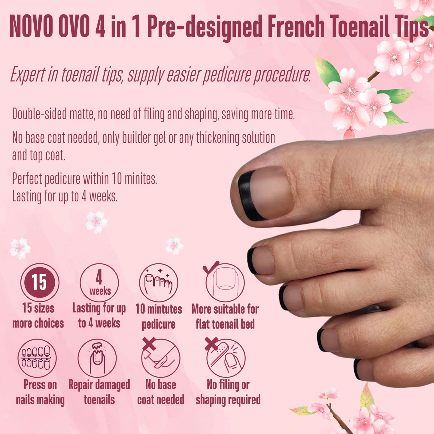 NOVO OVO Fake Toe Nail Tips Press on, Black French Tip Soft Gel Toenail Extension, BROWN PINK Square Round Pre-applied Tip Primer & Base Coat, Full Cover Matte False Nails for DIY x 15 Sizes 360Pcs