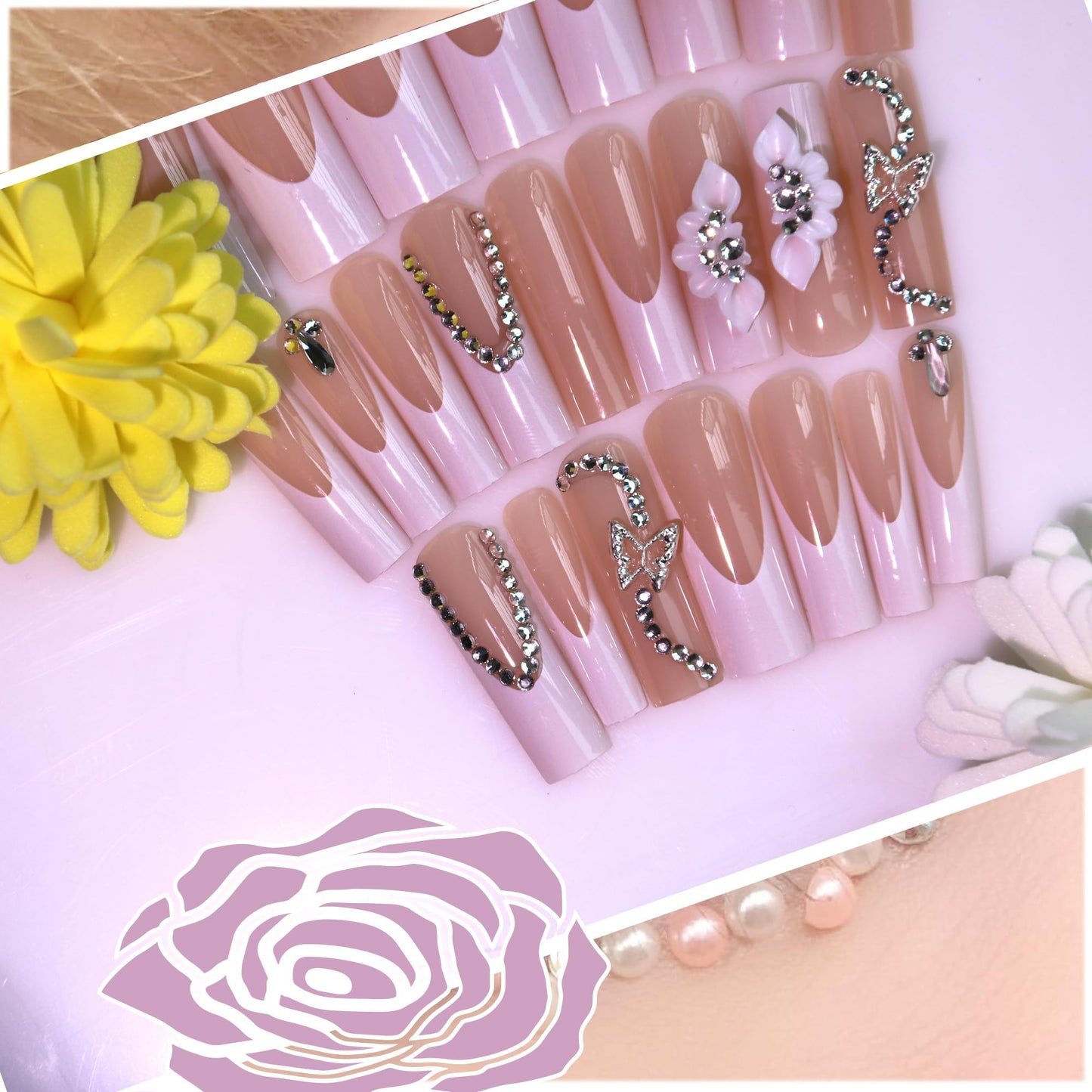 Floral Press on Nails Kit French Tip Nails Press Ons Long Silver butterfly Rhinestone Pink Fake Nails Artificial Coffin Gel Like Glossy 3D FlowerFal se Nail Manicure for Women and Girls for Wedding