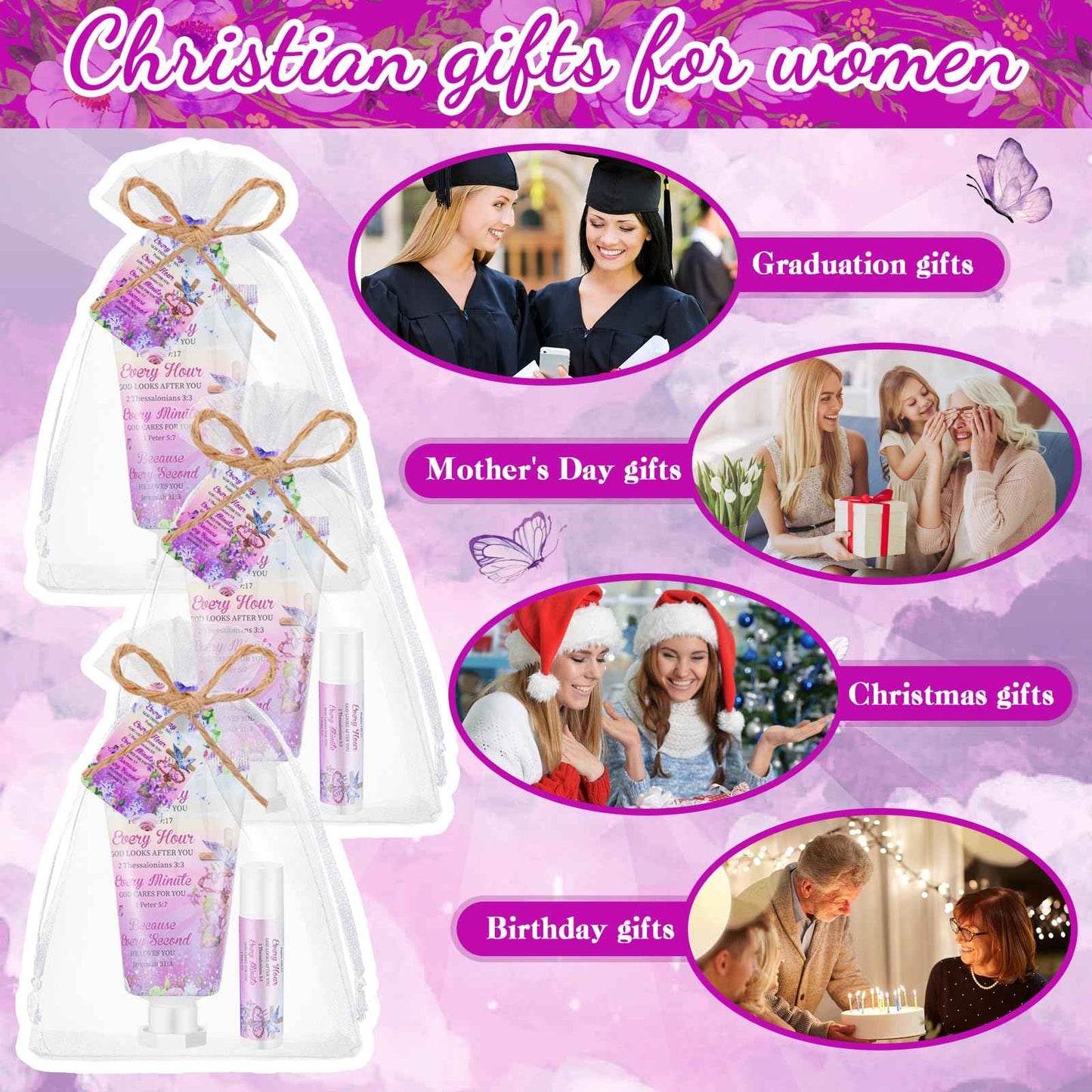 Swiffen 24 Sets Christian Hand Cream and Lip Balm Gift Set Christmas Christian Gift for Women Travel Size Hand Lotion Bible Verse Lip Balm Bulk for Baby Bridal Shower Mom Holiday Gift(Cross)