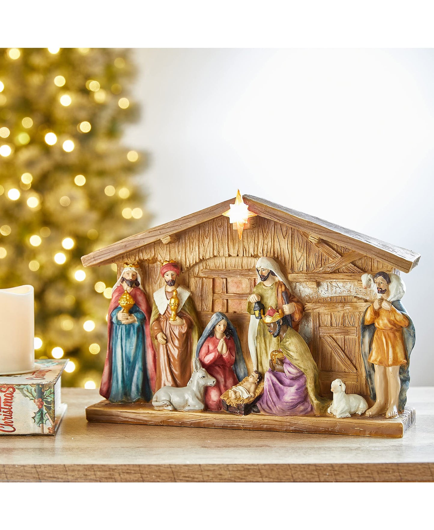 Glitzhome 12.5" Lighted Christmas Nativity Figurines, Resin Stable Nativity Scene Holy Family Collectable Décor, Christmas Tabletop Figure Ornaments, Miniatures Baby Jesus Statue for Tabletop Decor