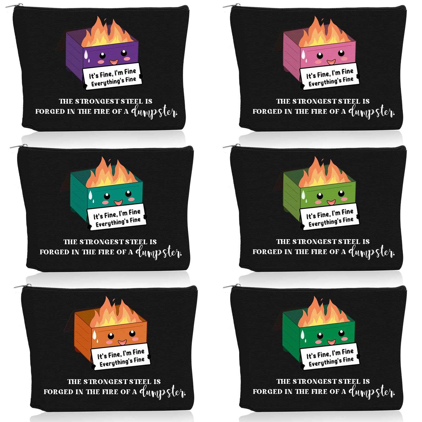 Reginary 6 Pcs Emotional Support Dumpster Fire Cosmetic Bag Gift Christmas Employee Appreciation Gift Bulk Funny Makeup Bag Canvas Pouch for Coworker Staff Team Volunteer Teacher Nurse, 6 Style(Black)