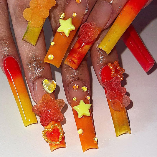 24Pcs Long Press on Nails Orange and Red Fake Nails Cute Bear & Candy Design False Nails 3D Cartoon Acrylic Nails Reusable Stick on Nails Jelly Press on Nails for Women and Girls Nail Art Decoration