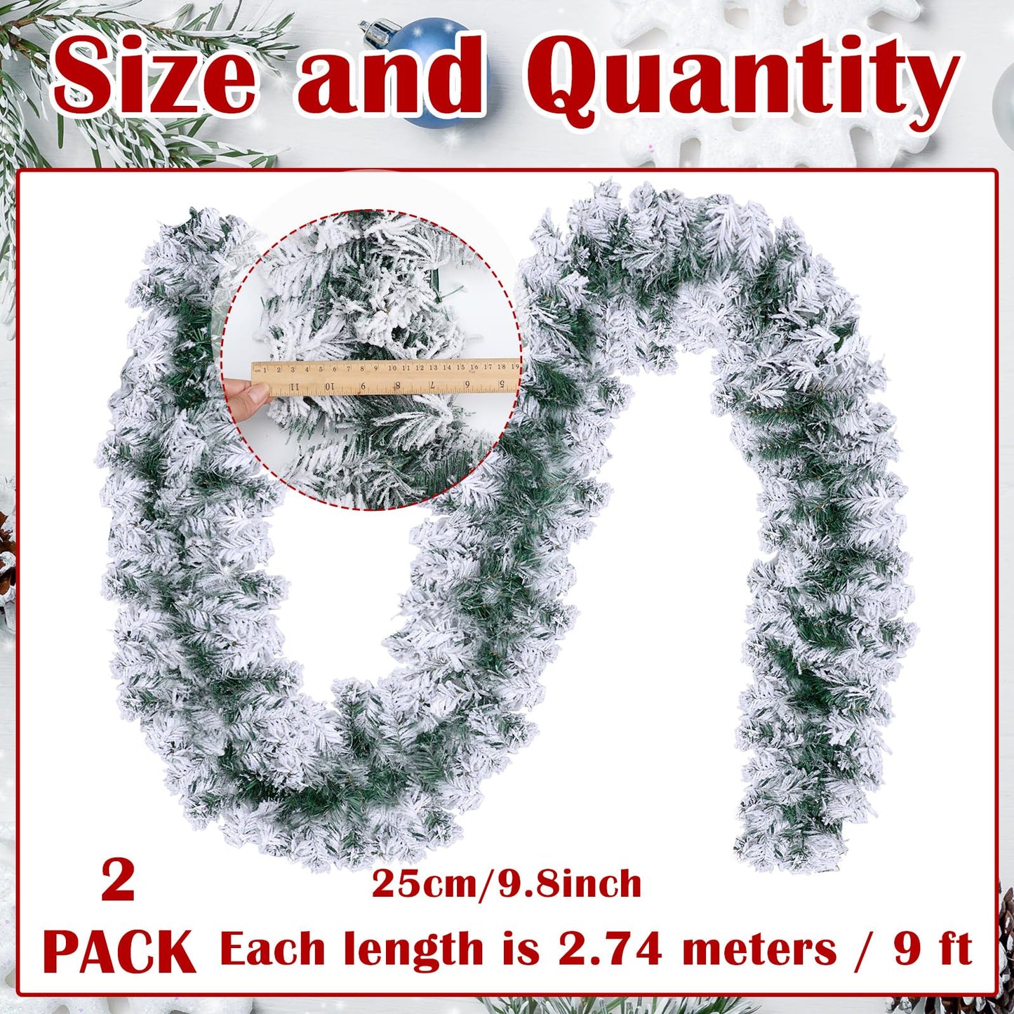 Hotop 2 Pcs 9 ft Christmas Snowy Flocked Garland White Flocked Spruce Garland Winter Frosted Artificial Pine Garland for Xmas Seasonal Indoor Home Fireplace Mantle Tree Stair Decor