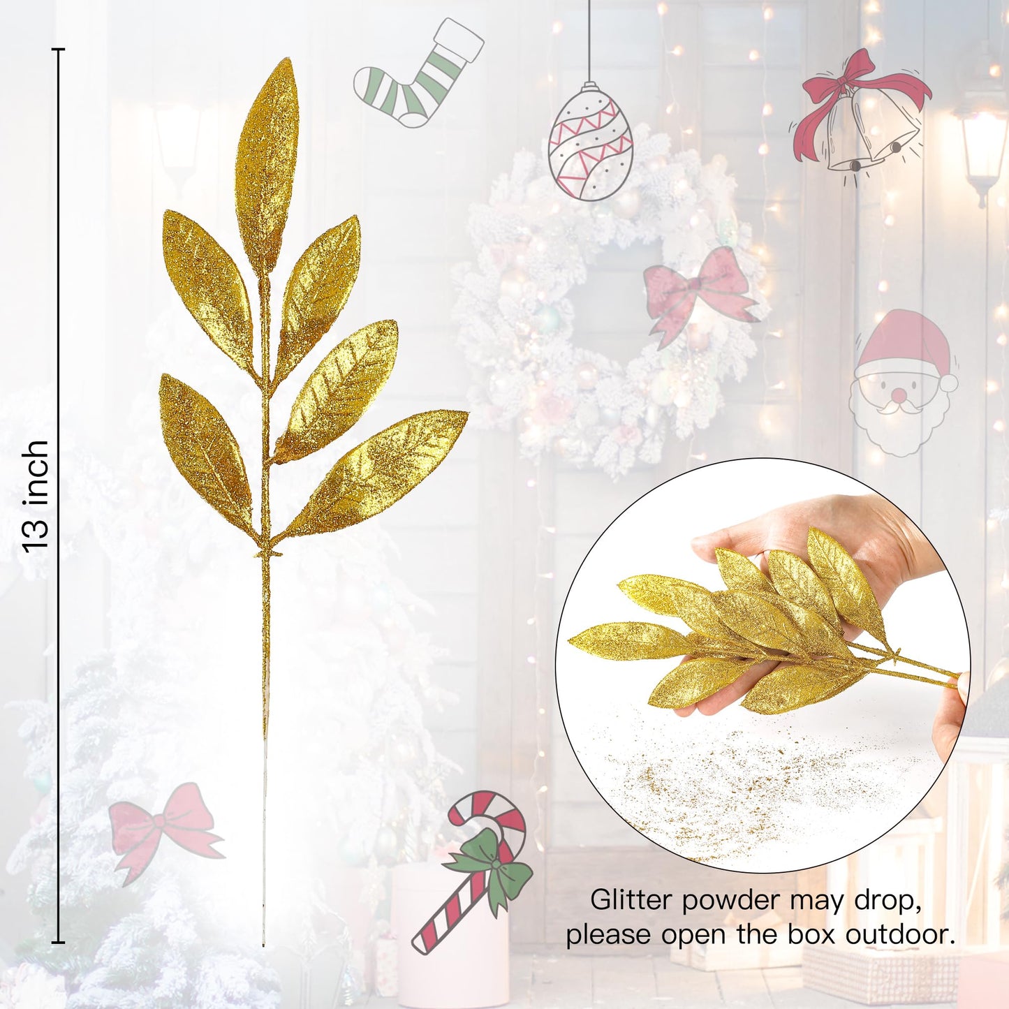 Sggvecsy 40 Pieces Artificial Glitter Leaf Gold Glittered Spray Picks 13’’ Fake Floral Leaf Branches Xmas Decoration for Christmas Tree DIY Wreath Crafts Gift Home Garden Decoration(Gold,40 Pieces)