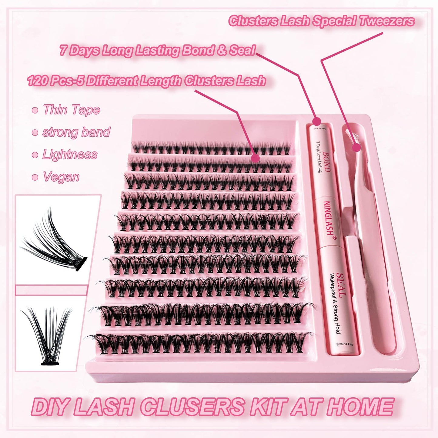 Lash Clusters with 7 Days Long Lasting Bond and Seal Lash Extension Kit 200 Pcs 8-16mm D Curl Wispy Eyelash Extension Kit at Home Lash Tweezers for Lash Clusters