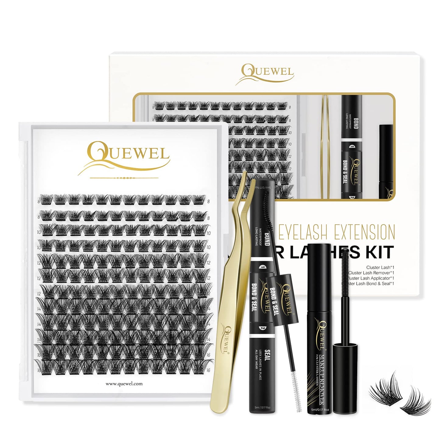 QUEWEL DIY Eyelash Extensions Kit, Lash Clusters 144 Pcs, Clusters Eyelash Applicator Tool, Eyelash Clusters Bond and Seal Super Hold, Clusters Lash Glue Remover Easy to Apply at Home(QU-H-DH-01)