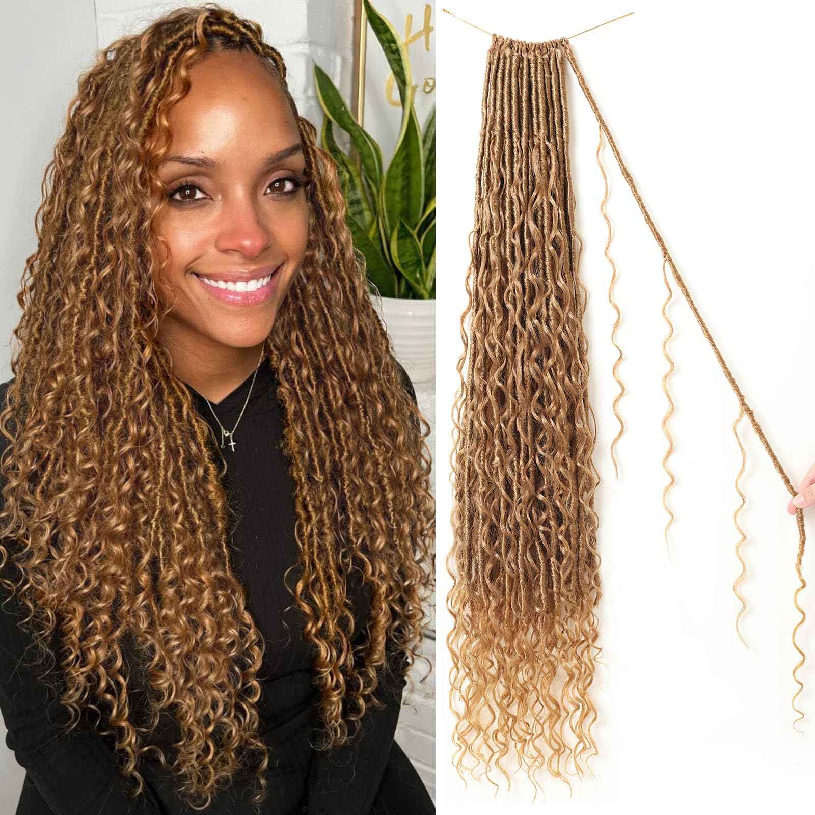 9 packs Boho Faux Locs Crochet Hair, 30 Inch, Honey Blonde Pre Looped Goddess Soft Locs Crochet Hair with Curly Ends, Bohemian River Locs for Black Women(27#, 30 Inch)