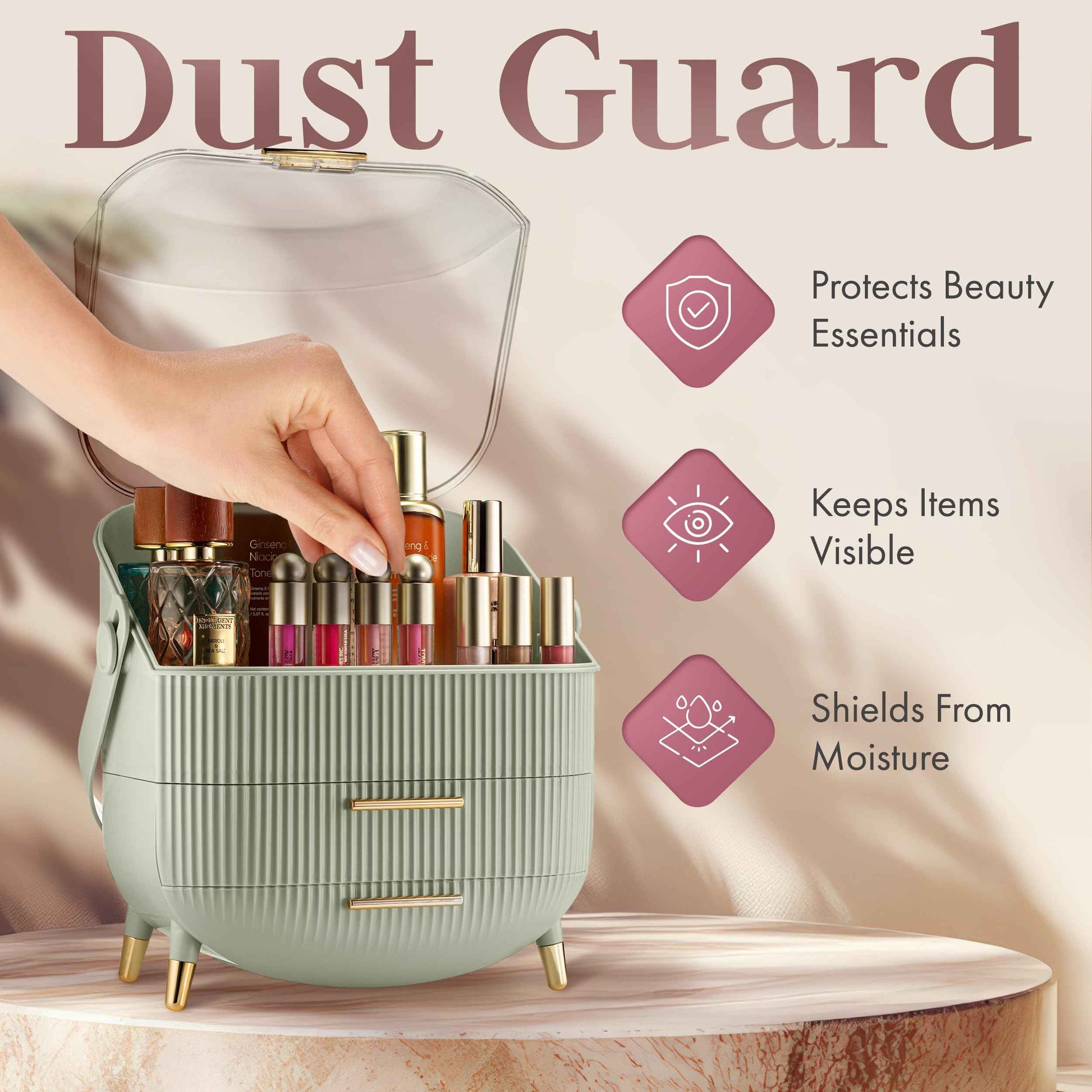 Covered Makeup Cosmetic Countertop - Large Cosmetic Organizer - Trendy Oval Shape Storage for Skin Care Organizer - Clear Lid, Storage Drawers, Carry Handle - Cute Stylish Decor Solution (Green)