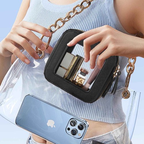 ELIZAHOME Small Makeup Bag, Travel Toiletry Bag, Mini Double-Sided Clear Waterproof Cosmetic Bag Organizer，Car Essentials for Women (Mini-Black)