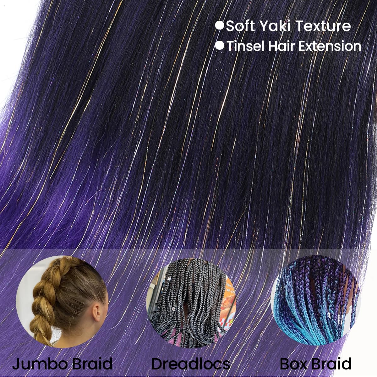 Easy Braid Pre stretched Braiding Hair 28 Inch 3 Packs Jumbo Braiding Hair Synthetic Braiding Hair Extension Twist Braid wigs Hot Water Setting Hair (Purple-Mixed Tinsel)