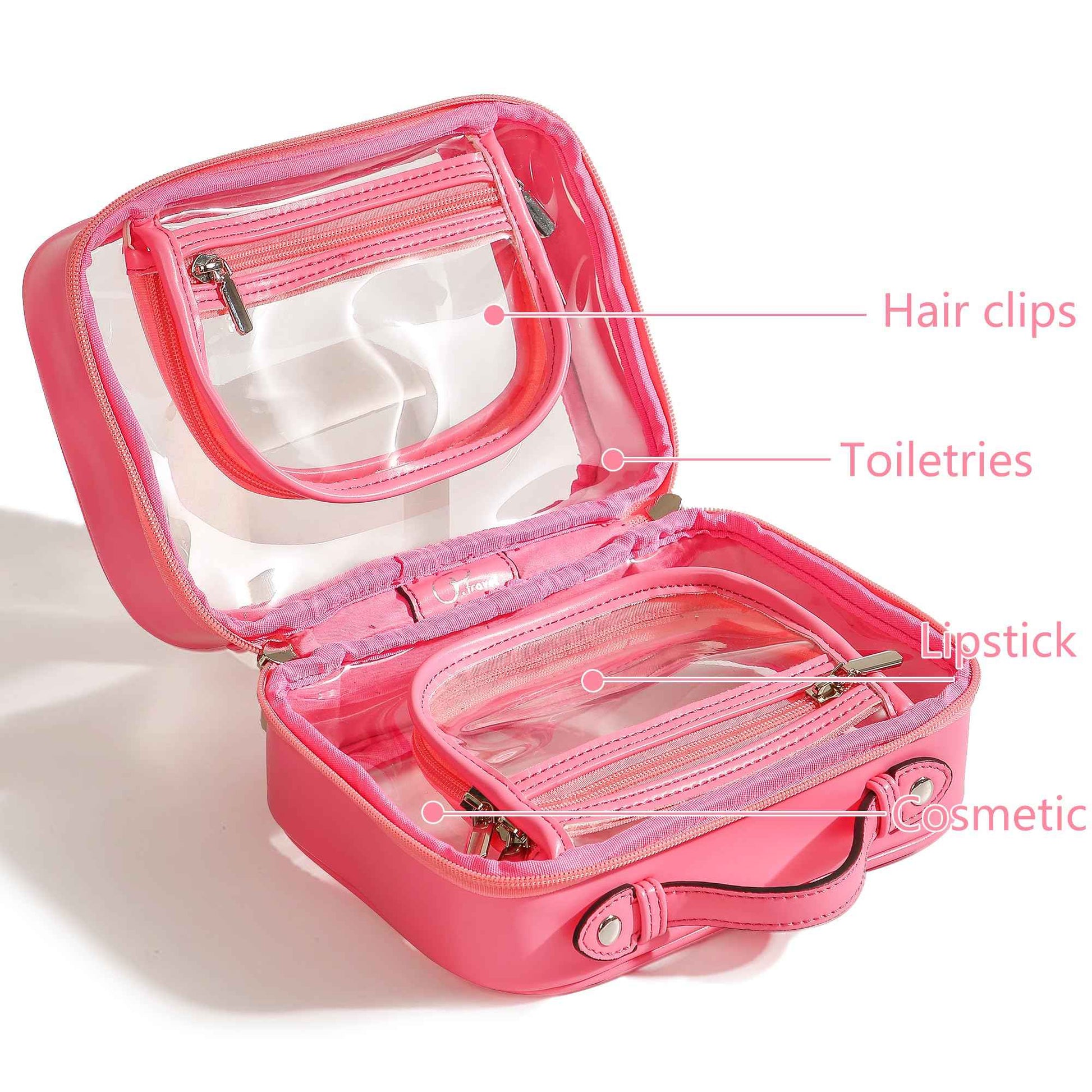 Veki TSA Approved Toiletry Bag Transparent Makeup bag Double Travel Cosmetic bags Case Waterproof Toiletries Bag Large Capacity Open Storage bag Organizer for Women and Girls (Small Rose Red)