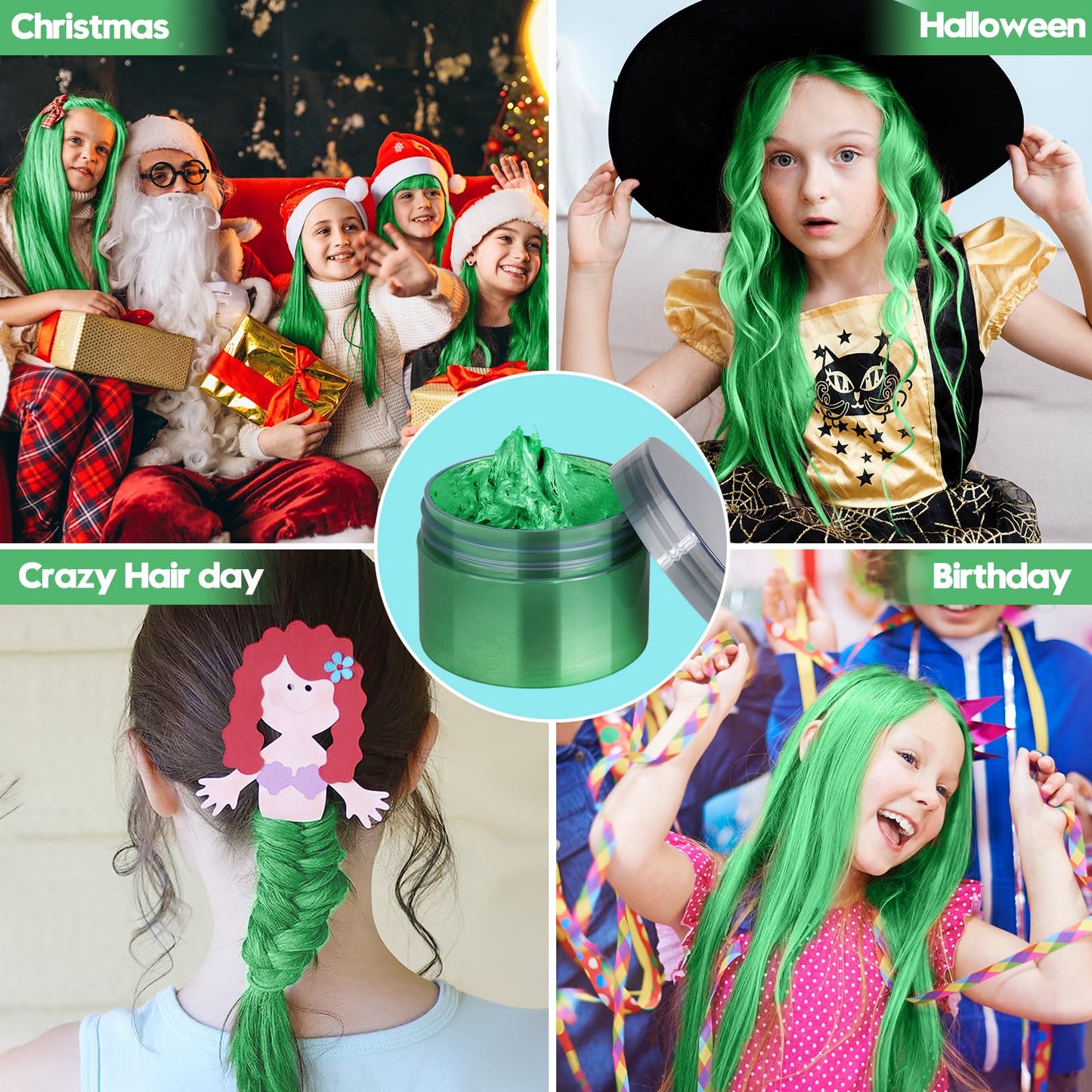 Hair Color Chalk For Kids, Stocking Suffer for Teen Girls, Natural Washable Hair Dye Temp Hair Color Cream for DIY Hairstyle on Birthday, Party, Crazy Hair Day, Children's Day (Green)