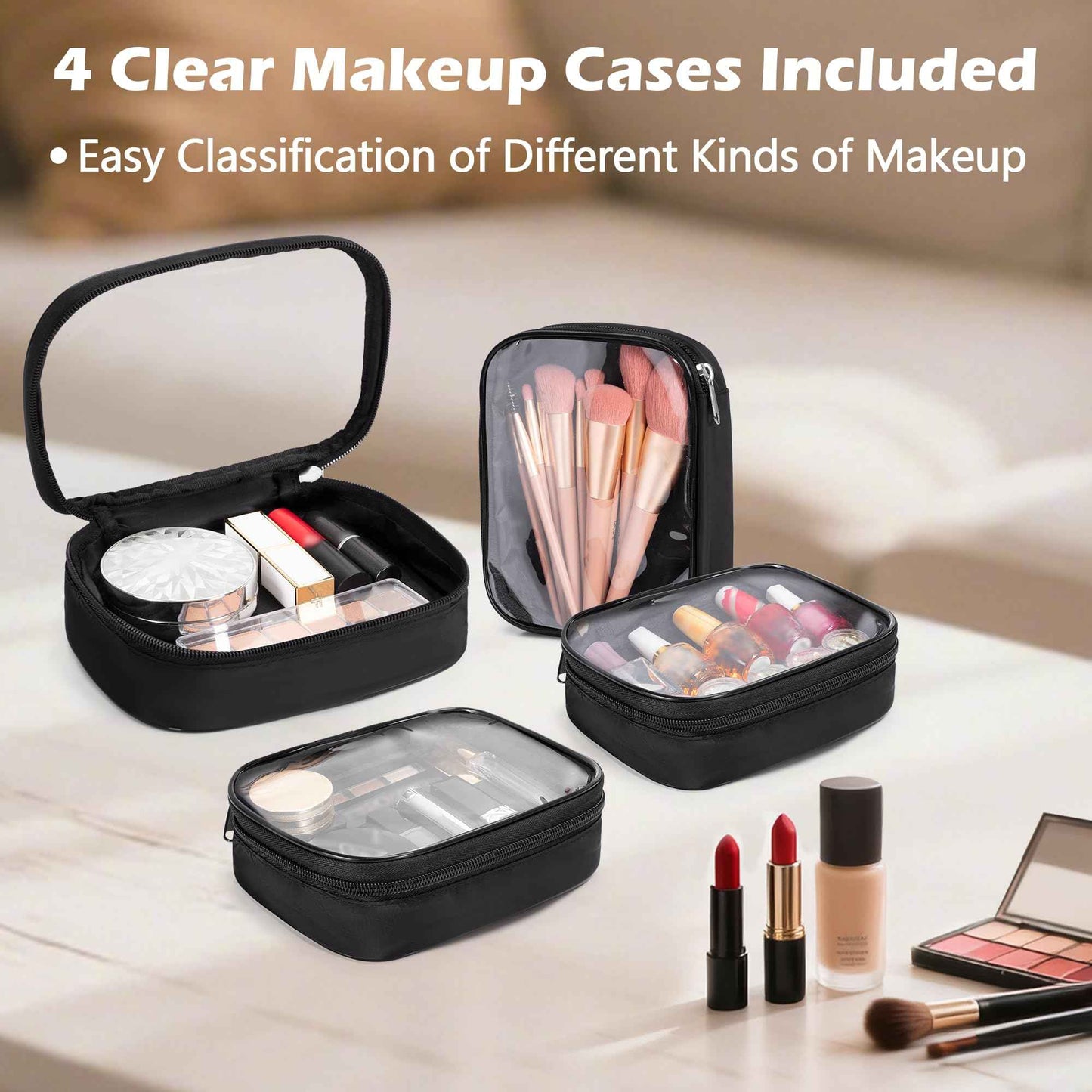 Trahzia Travel Makeup Bag with 4 Clear Cases, Large Quilted Cosmetic Organizer for Women, Puffy Storage Bag for Cosmetics, Photos or Pill Bottles, Black (Empty Bag)