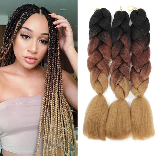 Jumbo Braiding Hair 3 Pack Synthetic Ombre Braiding Hair 24 Inch High Temperature Synthetic Crochet Braids Hair Extensions (24 Inch (Pack of 3), C14-Black to Dark Brown to Light Brown)