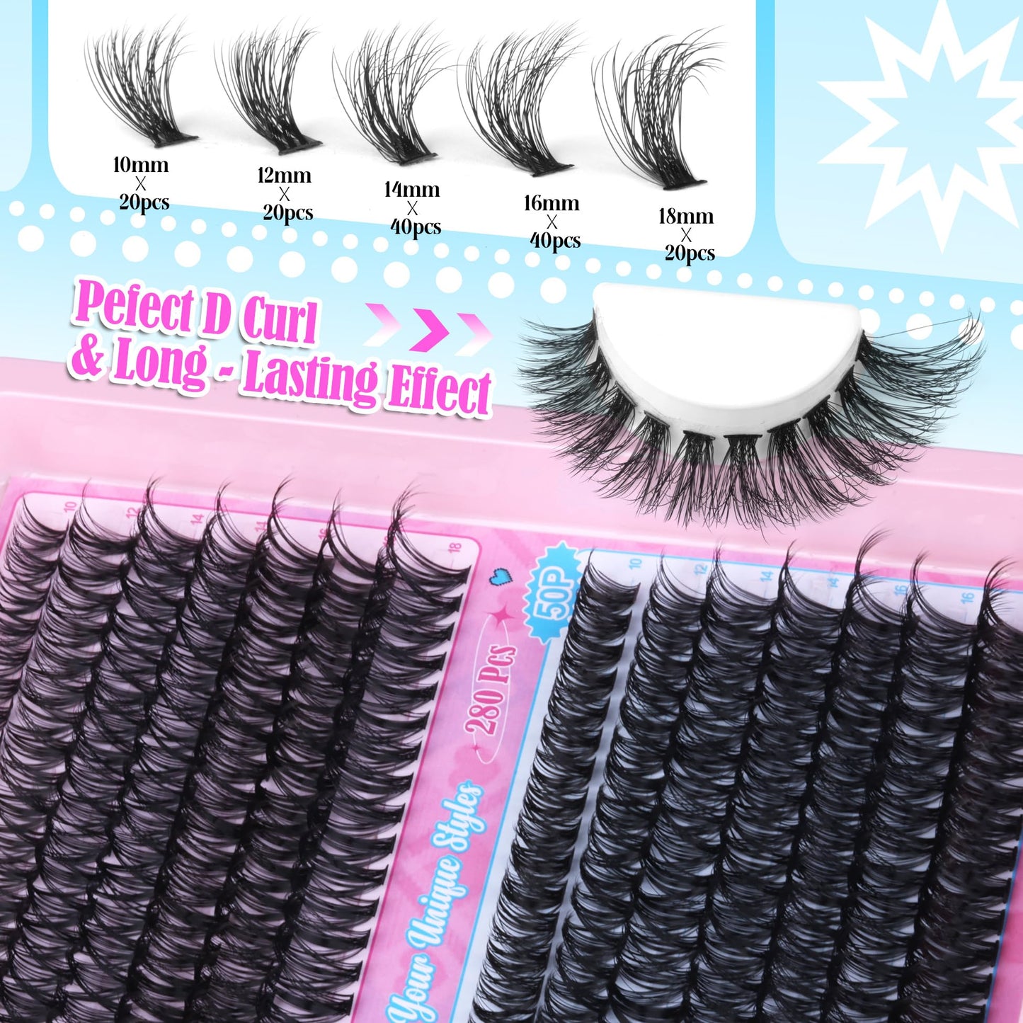 ALICE Eyelash Extensions Lash Clusters 280pcs 10-18MM Wispy Individual Lashes Natural 40D 50D D Curl Cluster Eyelashes Lash Extensions Self Application at Home