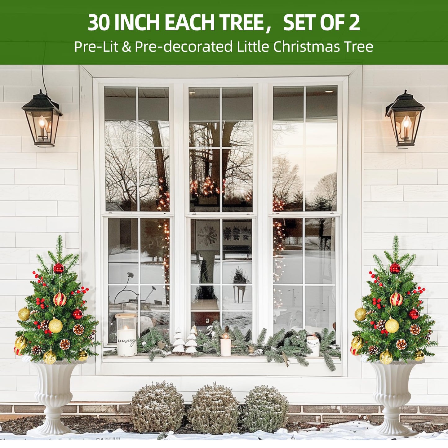 2Pcs Prelit Porch Christmas Trees 30 inch Lighted Outdoor Christmas Trees 120 LED Warm Light Lighted Pathway Flowerpot Christmas Trees with Timer Function Auto On/Off 8 Mode Lighting