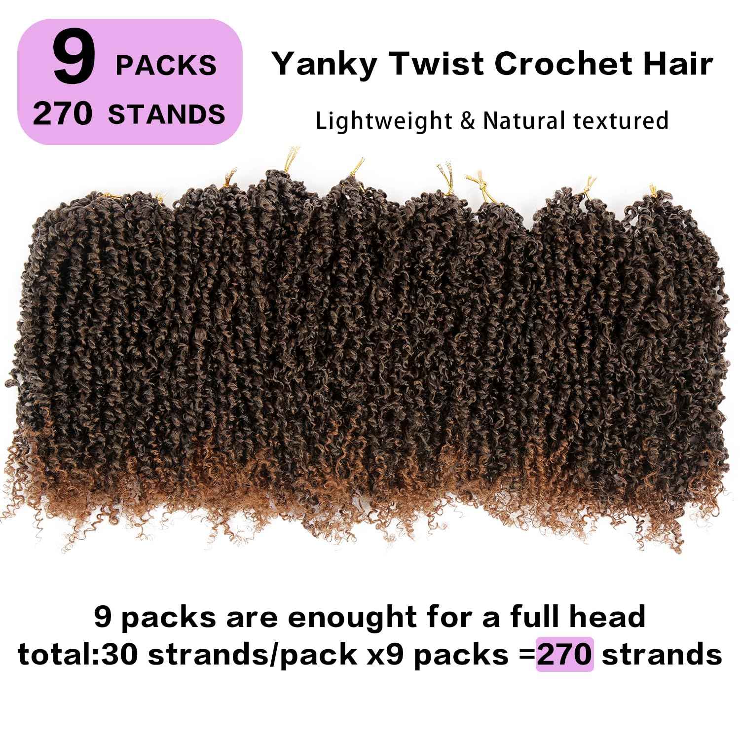 Yanky Twist Crochet Hair 9 Packs (270 Strands Total) Pre loop Pre Twisted Yanky Twist Braids Crochet Hair,Synthetic Spring Short Passion Twist Crochet Braiding Hair Extensions For Women(1B30, 8 Inch)