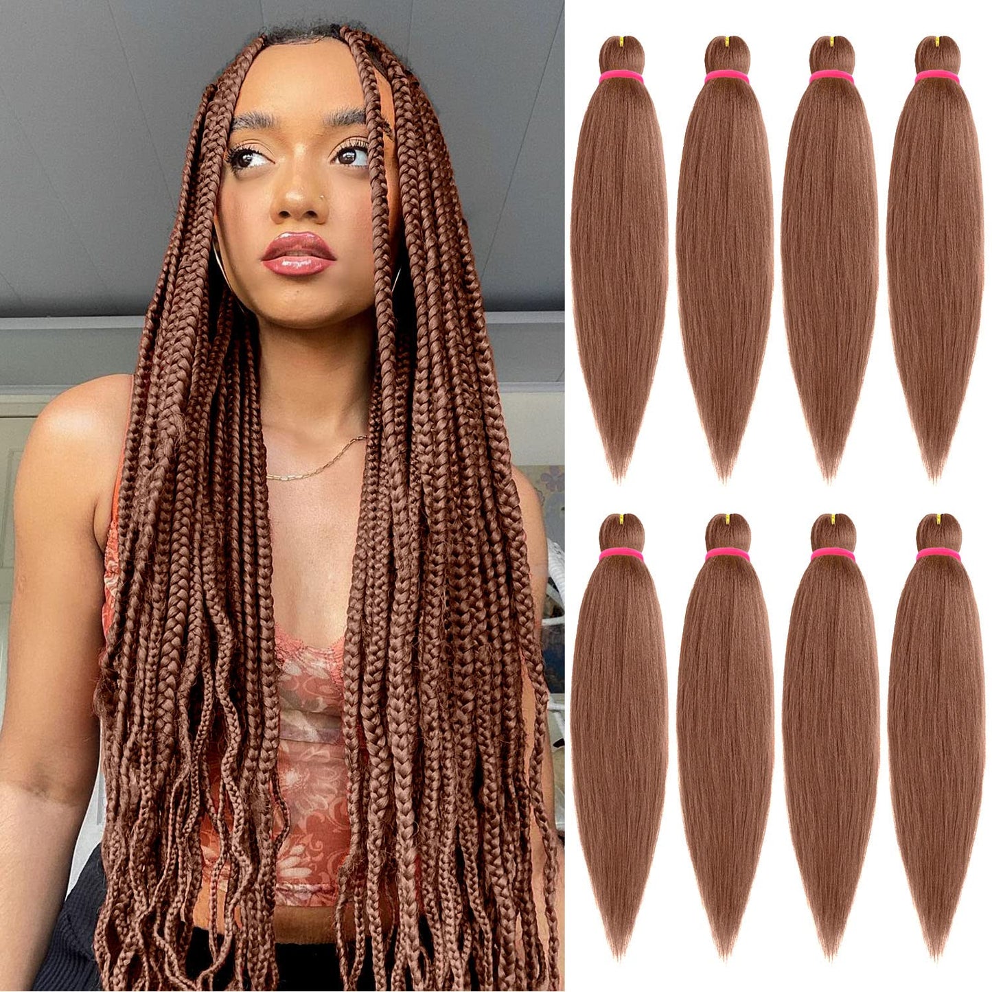 Leeven 26 Inch 8 Packs Brown Pre Stretched Braiding Hair Soft Yaki Texture Synthetic Crochet Braids Hair For Women Hot Water Setting Easy Braiding Hair For Braids Twist (30#)