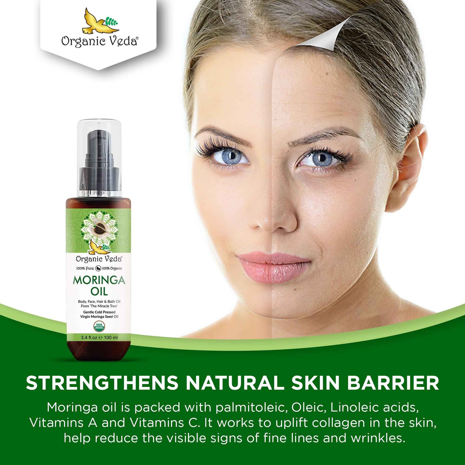 Organic Veda Moringa Oil Virgin 100% Pure & USDA Organic - Multi Purpose, Face, Hair & Skin, Nails, Fast Absorbing, Moisturizing & Beautifying - The Miracle Tree Moringa Oleifera Seed Oil, 3.4 fl.oz