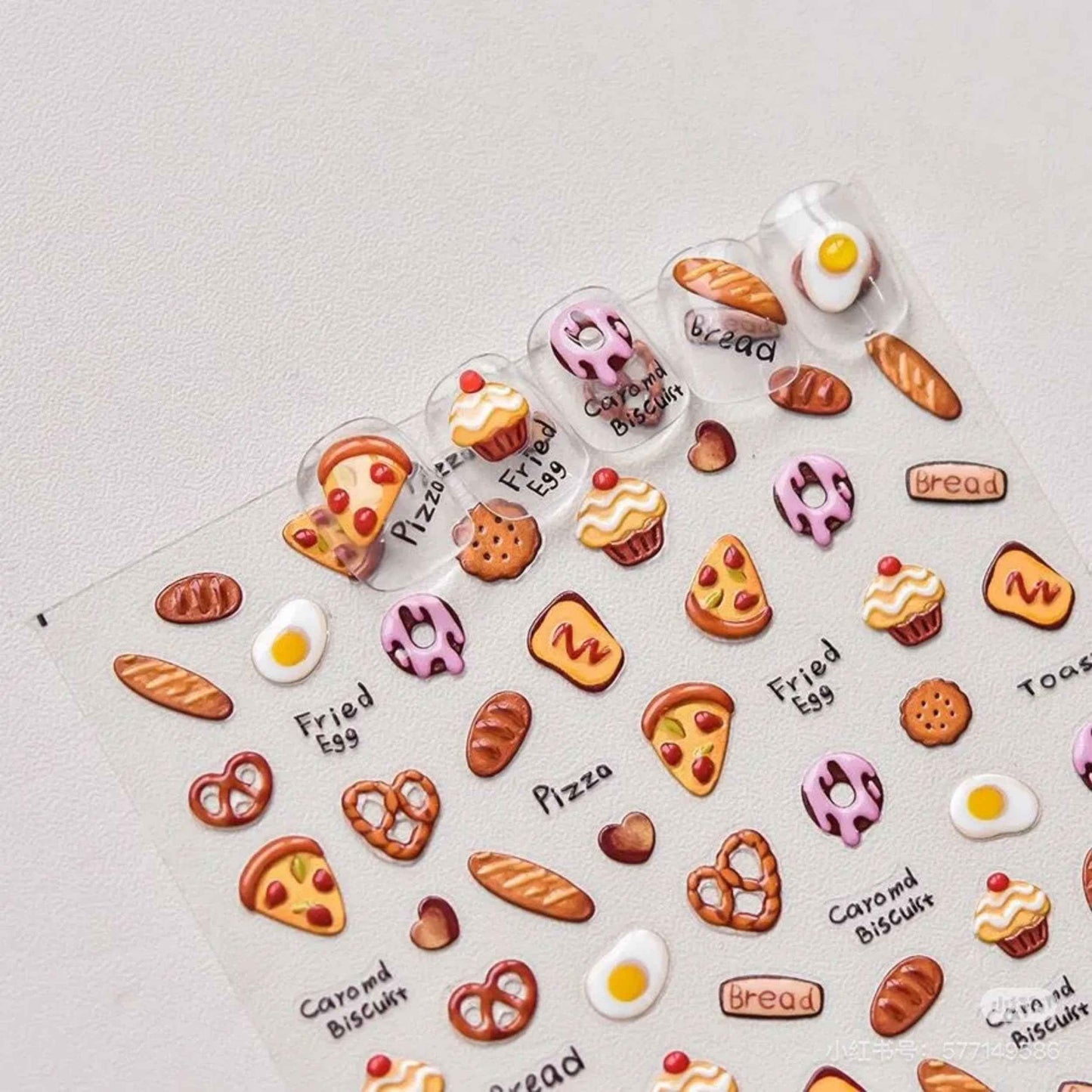 Dedyel Food Nail Art Stickers 3D Cake Dessert Donut Ice Cream Cookies Fruit Bread Self-Adhesive Nail Stickers for Women Girls Kids