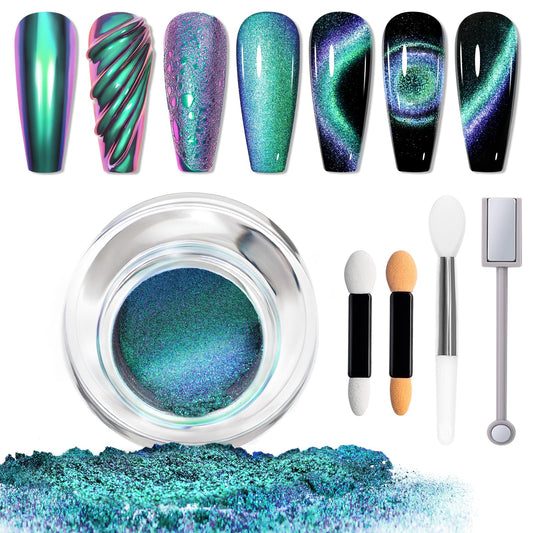 MIZHSE 9D Cat Eye Chrome Nail Powder Mirror Effect Green Magnetic Glitter Pigment Powder for Gel Nails Chameleon Cateye Magic Galaxy Nail Art Powder with Magnet