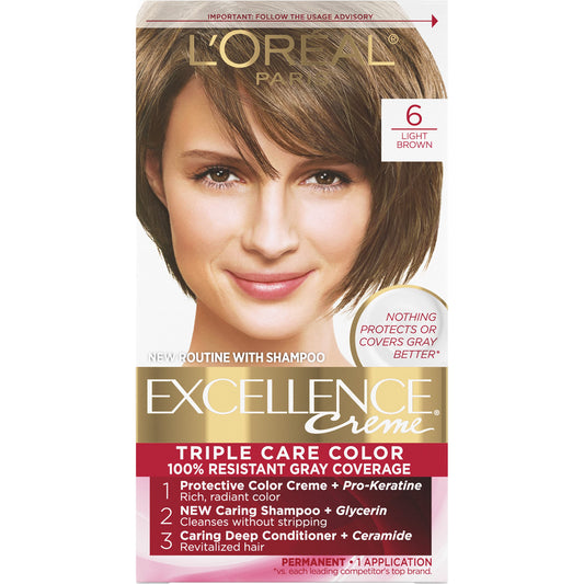 L'Oreal Paris Excellence Creme Permanent Triple Care Hair Color, 6 Light Brown Hair Dye Kit, Gray Coverage For Up to 8 Weeks, All Hair Types, Pack of 1