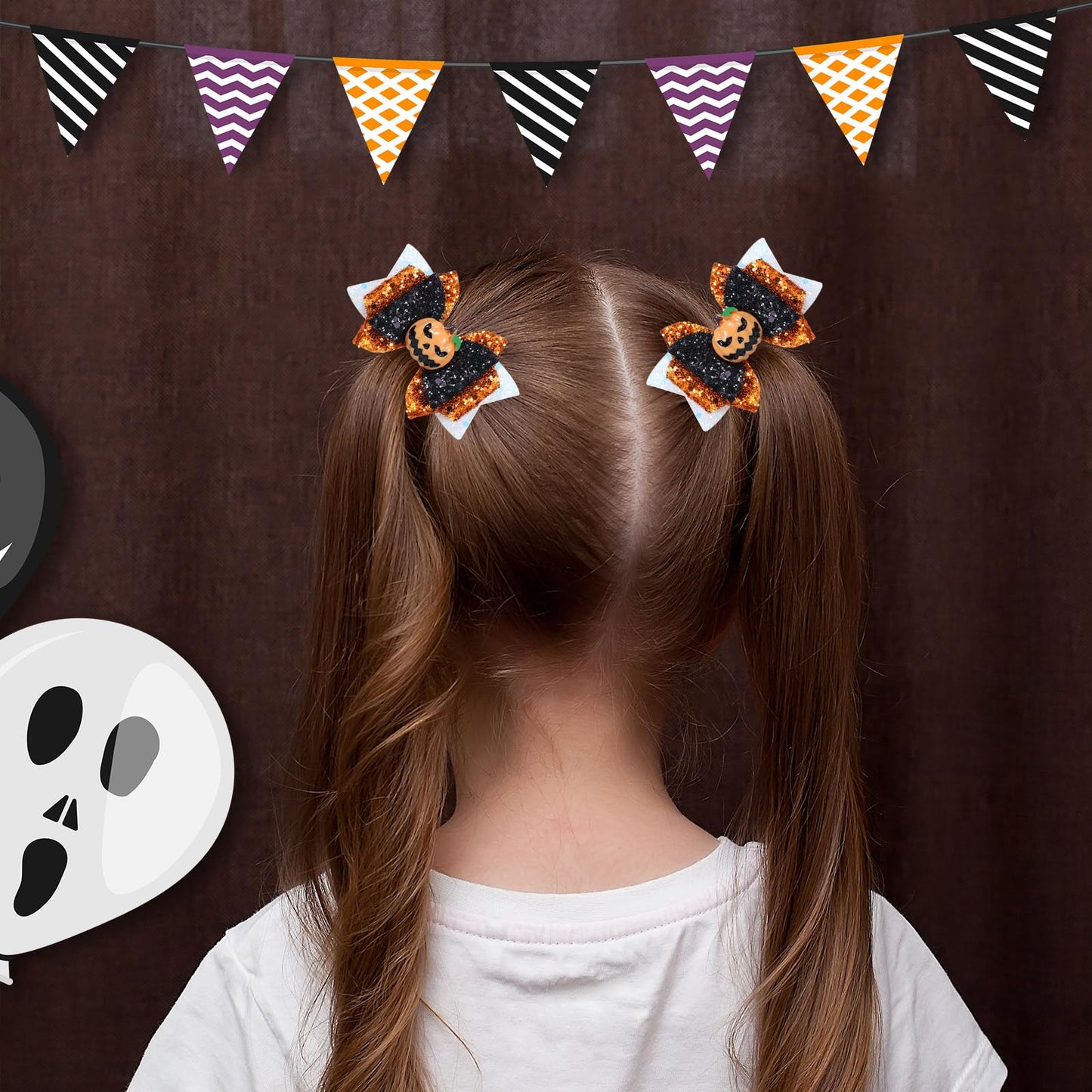 Halloween Pumpkin Hair Bow Clips Girls Cute Glitter Hair Clips 3 Layers Sparkly Hair Accessories for Halloween Party, White & Orange & Black