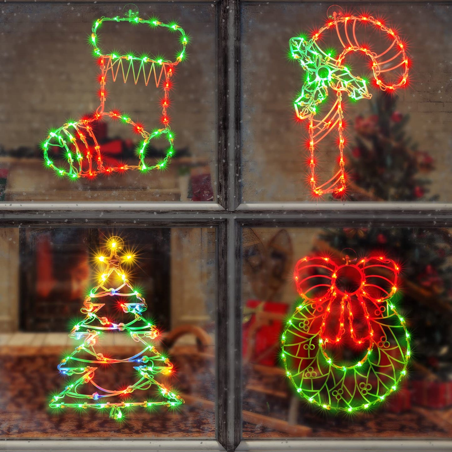 JUSTPRO 4 Pack Christmas Window Silhouette Lights, Lighted Candy Cane,Christmas Tree,Wreath and Christmas Stocking of Double Sided Decorations with 200 Count Incandescent Mini Light