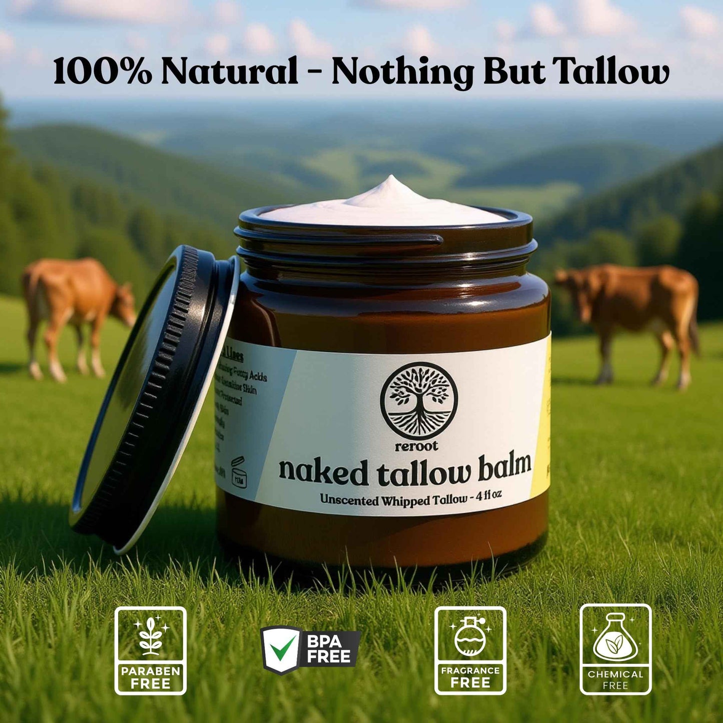 Beef Tallow for Skin | NAKED TALLOW BALM | 1 Ingredient - 100% Grass Fed Beef Tallow | Beef Tallow for Body & Face | Whipped & UNSCENTED for Sensititve Dry Skin, Babies, Eczema, Psoriasis, Rosacea (4oz)