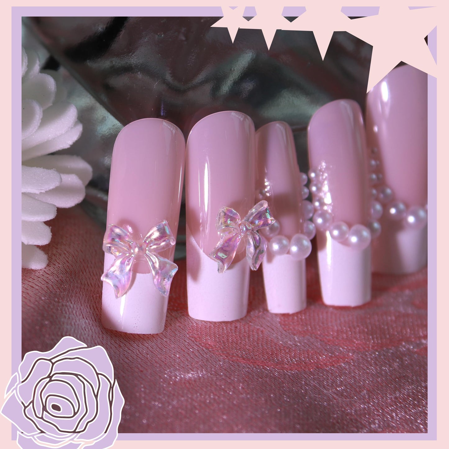 Press on Nails Kit French Tip Nails Press Ones Long Charms Gems Pearl Pink Fake Nails Artificial Coffin Gel Like Glossy 3D Bowknot False Nail Manicure for Women and Girls-24pcs