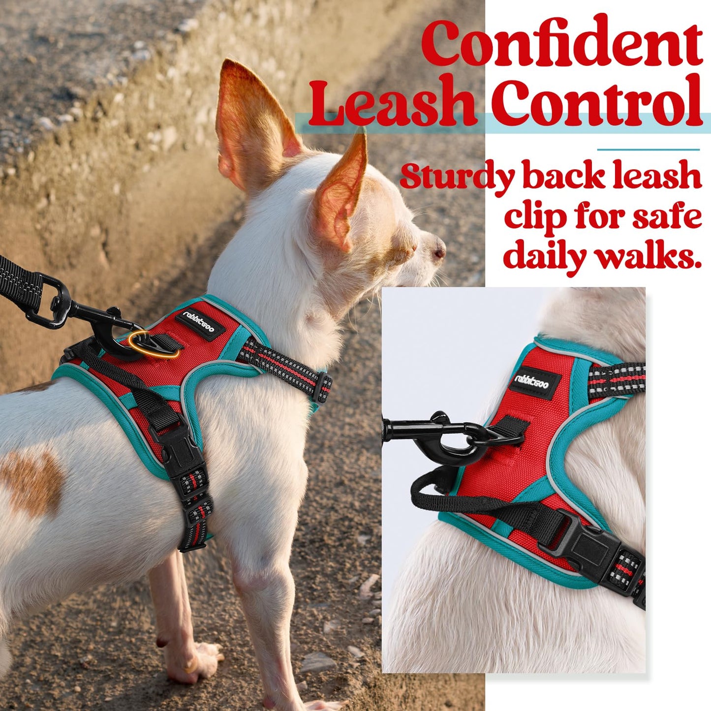 rabbitgoo Dog Harness, No-Pull Pet Harness with 2 Leash Clips, Adjustable Soft Padded Dog Vest, Reflective No-Choke Pet Oxford Vest with Easy Control Handle for Large Dogs, Red & Teal, X-Small